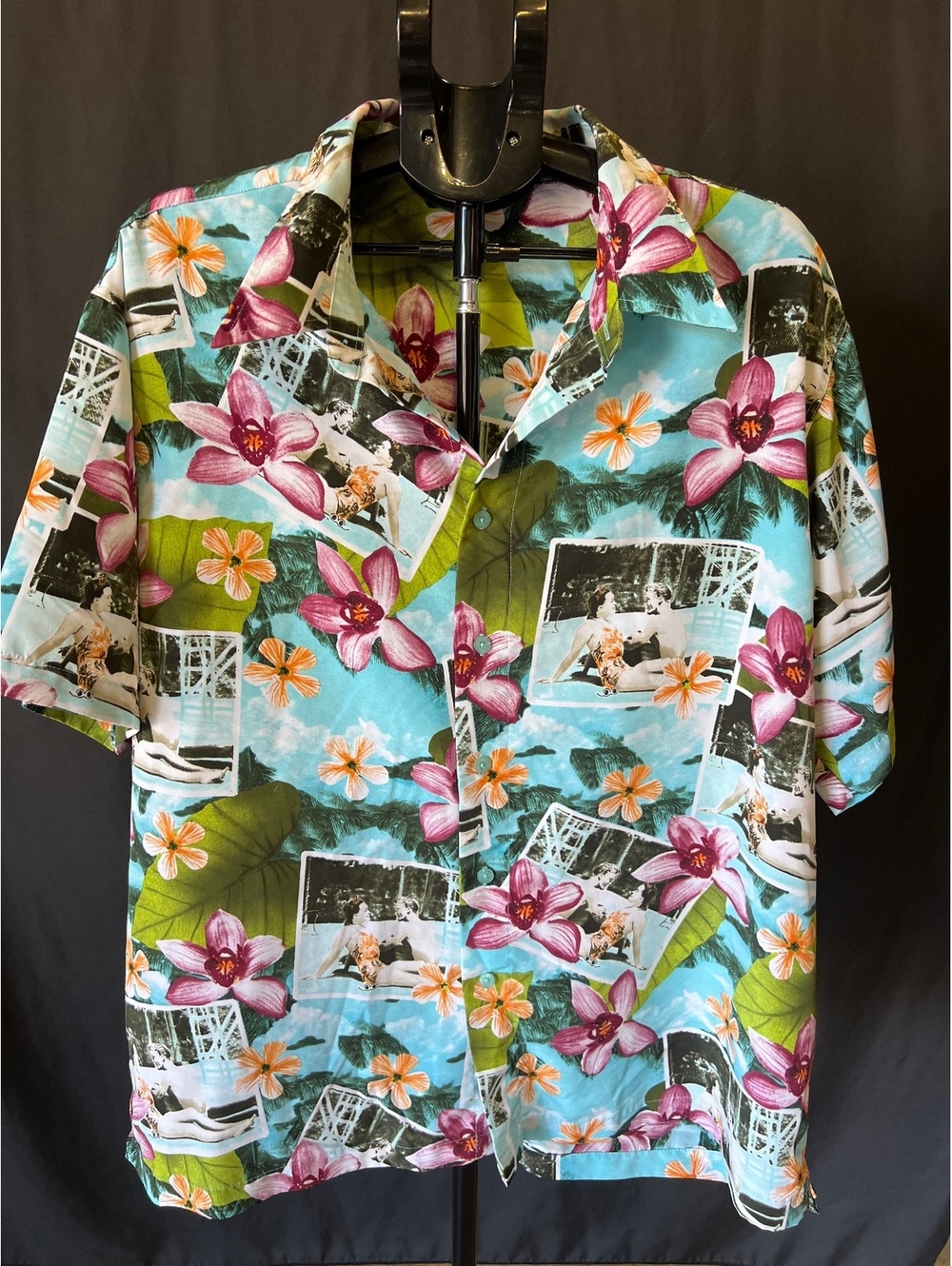Vintage M.E. Sport XXL Tropical Hawaiian Floral Photo Print Button Front Shirt